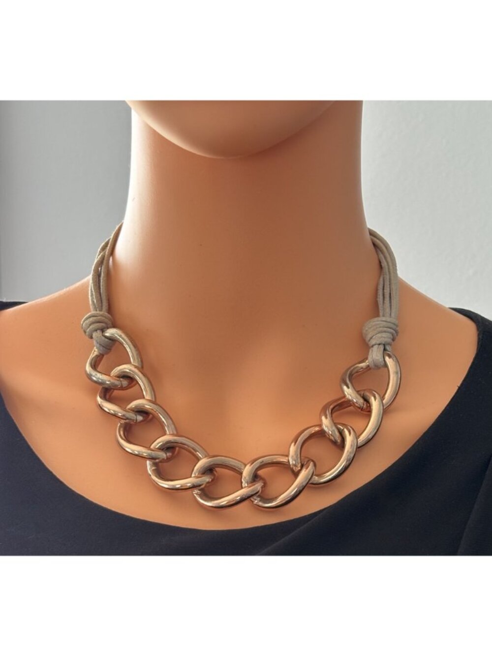 St. Thomas Necklace Chunky Large Rose Gold-Tone Curb Links Gray Cord, Adjustable - Picture 3 of 16